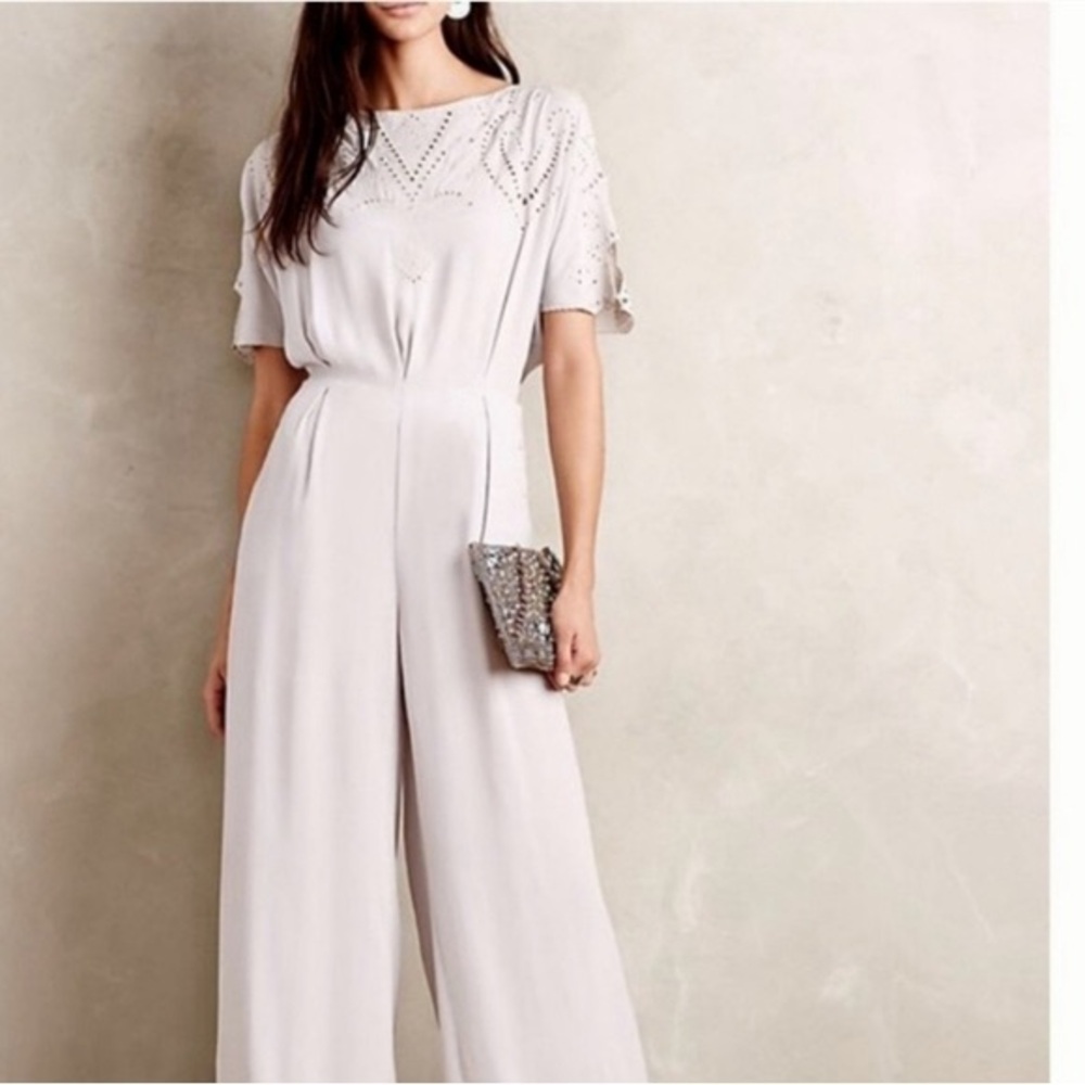 Anthropologie Elevenses Lilac Embriodered Jumpsuit with Open Back